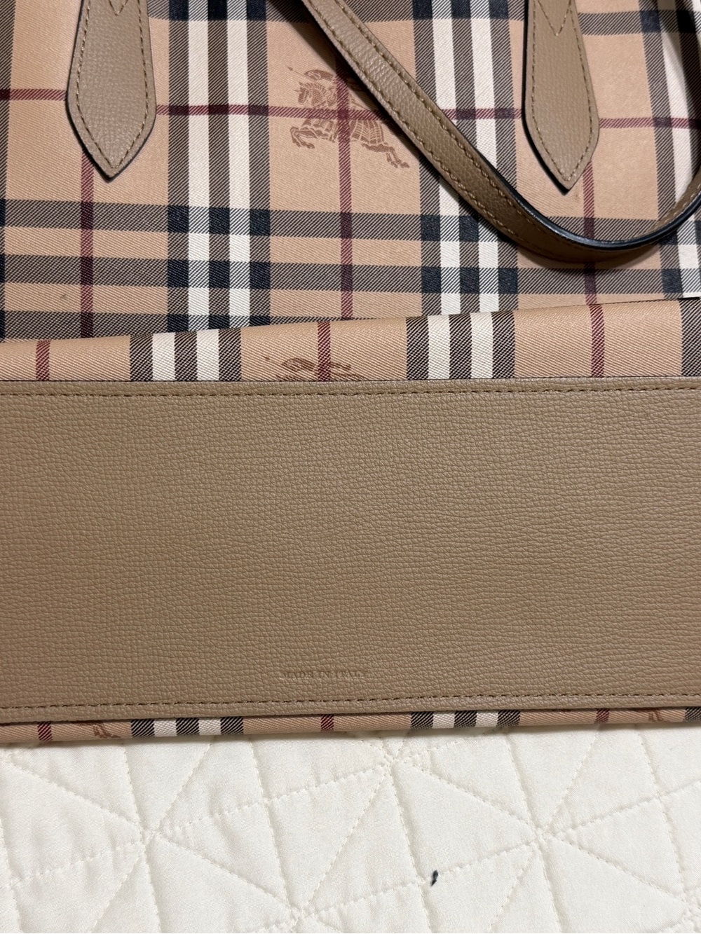 Burberry Beige Plaid and Tan Leather Tote